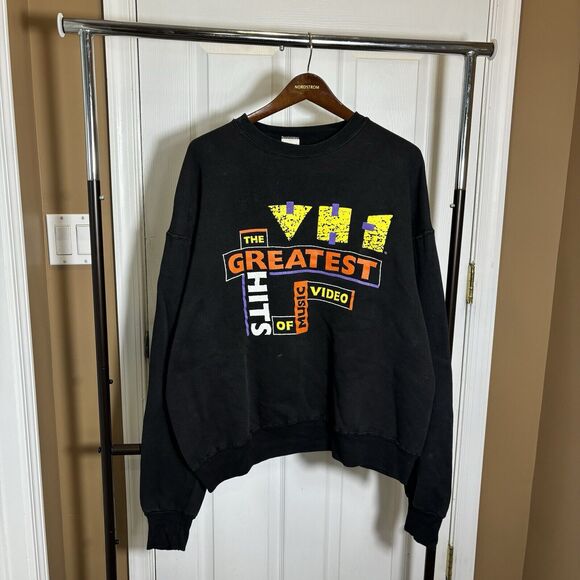 Vintage 90s VH1 Crewneck Sweatshrit Music Promo Hip Hop Rap Black Mens XL MTV